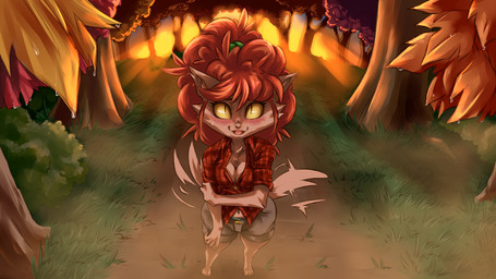 anthro arm_tuft barefoot biped bird's-eye_view blush bodily_fluids bottomwear breasts brown_body brown_fur cheek_tuft chest_tuft cleavage clothed clothing elbow_tuft facial_tuft fangs feet female flannel forest front_view fur hair high-angle_view holding_arm leaf looking_at_viewer navel orange_hair outside plant pupils red_hair shorts slit_pupils smile solo standing sunset sweat sweatdrop tail tail_motion tailwag tan_body tan_fur teeth tree tuft water wide_hips yellow_sclera plagueofgripes ghoul_school hanna-barbera mythology scooby-doo_(series) winnie_werewolf_(ghoul_school) canid canine mammal mythological_canine mythological_creature werecanid werecanine werecreature werewolf 16:9 2016 hi_res widescreen