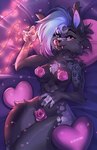 anthro blue_hair breasts cheek_tuft chest_tuft convenient_censorship facial_tuft fangs female flower flower_censor fur grey_body grey_fur hair heart_pillow heart_symbol heterochromia lying on_back pillow plant rose_(flower) sabertooth_(anatomy) smile solo teeth thick_thighs tuft wide_hips tlt_echelon felid mammal prehistoric_species saber-toothed_tiger hi_res