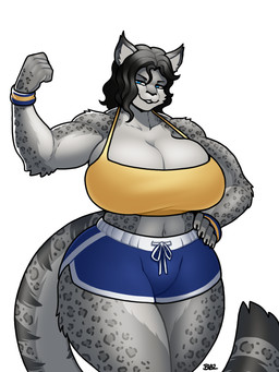 anthro athletic_wear big_breasts black_hair blue_eyes bottomwear bra breasts cleavage clothed clothing curvy_figure female flexing flexing_bicep front_view gym_bottomwear gym_shorts hair hand_on_hip huge_breasts looking_at_viewer muscular muscular_anthro muscular_female shorts smile solo sports_bra standing thick_thighs underwear wide_hips wristband blazbaros felid feline hybrid lynx mammal pantherine snow_leopard 2026 3:4 hi_res