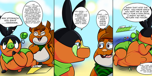 abdominal_bulge ambiguous_gender anthro anthro_prey armband asking_another belly big_belly black_body brown_body brown_fur cloud day dialogue dipstick_ears duo ear_markings ellipsis endosoma eye_contact eyebrows eyes_closed feral feral_pred freckled_face freckles fur gameplay_mechanics green_armband green_eyes green_kerchief green_neckerchief green_tongue gui healing healing_vore health_bar inside_stomach kerchief licking licking_lips licking_own_lips looking_at_another multicolored_ears narrowed_eyes neckerchief neckwear open_mouth oral_vore orange_body outside pattern_kerchief pattern_neckerchief pink_eyes raised_eyebrows safe_vore sky speech_bubble striped_kerchief striped_neckerchief sun tail tail_orb talking_to_another talking_to_prey teeth text tongue tongue_out vore white_body white_fur yellow_body tepigfan101 nintendo pokemon axel_the_tepig sally_(skwovetops) generation_5_pokemon generation_8_pokemon pokemon_(species) skwovet tepig 2021 absurd_res character_name comic english_text hi_res story story_at_source story_in_description female_(lore) male_(lore)