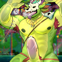 abs accessory anthro armpit_hair balls barazoku big_penis black_sclera bodily_fluids body_hair bone bone_mask bottomwear clothing cum erection facial_hair fangs feather_hair feathers genital_fluids genitals green_body green_scales humanoid_genitalia humanoid_penis jewelry leaking_cum loincloth looking_at_viewer male mask muscular muscular_anthro muscular_male nipples outside pecs penis plant pseudo_hair pubes saliva scales skull skull_accessory skull_mask solo teeth tongue tongue_out tree yellow_body yellow_scales zordykeaboo terraria witch_doctor_(terraria) lihzahrd lizard reptile scalie 1:1 hi_res