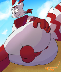 anthro anus balls beach fur genitals hand_on_butt kerchief looking_back looking_pleasured lying male on_side presenting red_balls red_body red_fur sand solo stretching_butt white_body white_fur lewdnote_studio nintendo pokemon generation_2_pokemon generation_3_pokemon hybrid pokemon_(species) typhlosion zangoose hi_res
