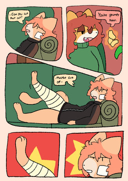 anthro bodily_fluids chips_(food) duo female food furniture gauze lying male on_back sofa sweat text wounded nyactophiliac haste_(nyactophiliac) leigh_(nyactophiliac) domestic_cat felid feline felis mammal comic english_text hi_res
