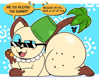 ambiguous_gender big_butt black_text blue_eyes butt dialogue eyewear feral gem jewelry looking_at_viewer necklace open_mouth open_smile pawpads paws pearl_(gem) pearl_necklace pupils quadruped question question_mark sharp_teeth smile solo speech_bubble sunglasses tail talking_to_viewer teeth text tongue luanctoons sunny_summer domestic_cat felid feline felis mammal 2025 absurd_res digital_media_(artwork) english_text hi_res