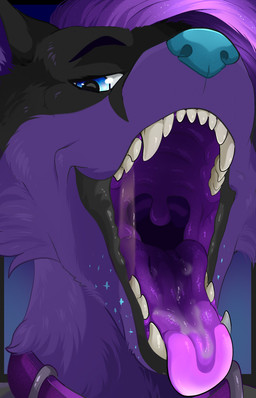 anthro blue_eyes blue_nose bodily_fluids collar cosmic_hair drooling ethereal_hair fangs fur grin male mouth_shot open_mouth purple_body purple_fur purple_mouth saliva smile smug solo teeth throat tongue tongue_out uvula blablasaur kitsunaki canid canine fox mammal hi_res