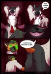 anthro bioluminescence boss boss_and_employee butt canid canine canis clothed clothing comic command dialogue digital_media_(artwork) domestic_dog duo english_text erection fur genitals gesture glowing glowing_eyes glowing_tongue green_eyes male male/male male_penetrated male_penetrating male_penetrating_male mammal office oral penetration penis red_eyes sex tail teeth text tongue unprofessional_behavior zambuka zombie_(character)