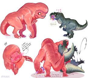 blush bouquet dialogue duo female feral flip flirting flower flower_bouquet flustered heart_symbol larger_female male male/female nervous plant size_difference smaller_male thought_bubble vipery-07 jurassic_park jurassic_world jurassic_world:_rebirth universal_studios dinosaur distortus_rex prehistoric_species reptile saurischian scalie theropod tyrannosaurid tyrannosauroid tyrannosaurus tyrannosaurus_rex hi_res