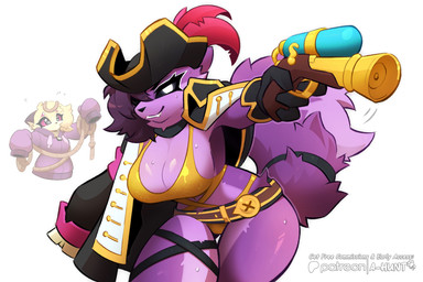 4_eyes anthro belt big_breasts big_tail bikini black_sclera breasts clothed clothing dipstick_tail duo eye_patch eyelashes eyewear female fluffy fluffy_tail fur gloves hair handwear jacket leg_strap long_hair markings multi_eye pirate_hat pirate_outfit purple_body purple_clothing purple_fur purple_hair purple_tail red_sclera rope smile swimwear tail tail_markings tail_strap teeth thick_thighs topwear toy toy_gun two-piece_swimsuit water_gun white_eyes yellow_bikini yellow_body yellow_clothing yellow_fur yellow_swimwear a-hunt skylar_(sfox) spixen_(a-hunt) canid canine fox mammal absurd_res hi_res