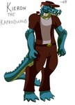 belt_buckle buckle clothing hat headgear headwear kieron_the_kaprosuchus male orange_eyes red_clothing red_suit suit filthivore crocodilian kaprosuchus prehistoric_species reptile scalie hi_res model_sheet