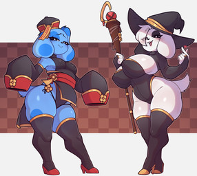 accessory anthro big_breasts big_butt big_ears black_eyes blue_body blue_fur blush border bottomwear breasts butt cleavage clothed clothing collar costume curvy_figure duo eyelashes female fingers floppy_ears flower flower_accessory footwear fur hair hat headgear headwear heart_symbol high_heels holidays huge_breasts huge_thighs legwear leotard long_ears looking_at_viewer magic_wand open_mouth plant shoes simple_background smile squish staff stockings tail teeth thick_thighs thigh_highs thigh_squish thong underwear voluptuous_female white_body white_border white_fur wide_hips witch_costume witch_hat conditional_dnp maiky_atk blue's_clues doki_adventures halloween nickelodeon blue_(blue's_clues) doki_(character) doki_(fem.doki) canid canine canis domestic_dog mammal hi_res