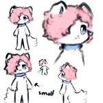 anthro blue_eyes blue_sclera collar female fluffy fluffy_tail fur group hair hair_over_eye nude one_eye_obstructed one_eye_visible pink_hair simple_background tail text tuft white_body white_fur snoiifoxxo sarah_(snoiifoxxo) arctic_fox canid canine fox mammal true_fox 1:1 hi_res