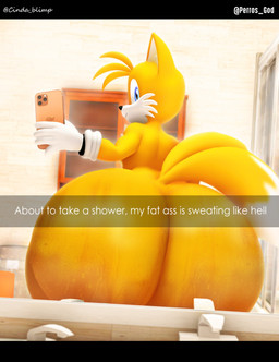 anthro bathroom big_butt black_bars bodily_fluids bottom_heavy butt cellphone electronics femboy huge_butt hyper hyper_butt looking_back male mirror mirror_selfie phone selfie shortstack shortstack_male smile solo sweat sweaty_butt text thick_thighs cindablimp perros_god sega sonic_the_hedgehog_(series) miles_prower canid canine fox mammal red_fox true_fox 2025 3d_(artwork) digital_media_(artwork) hi_res letterbox