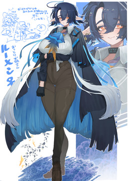 big_breasts black_clothing black_gloves black_handwear blue_hair blush bottomwear breasts clothing collar crossgender ear_piercing female footwear gloves hair handwear humanoid_pointy_ears jacket mtf_crossgender not_furry open_mouth pants piercing pointy_ears shoes simple_background smile solo standing sweater topwear yellow_eyes somagi_92 arknights hypergryph studio_montagne lumen_(arknights) humanoid 2025 absurd_res digital_media_(artwork) hi_res
