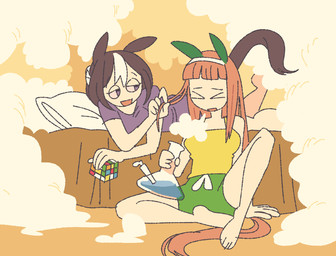 bangs bong bottomwear clothing cloud drugs duo female holding_bong holding_object holding_rubik's_cube holding_toy purple_clothing purple_shirt purple_t-shirt purple_topwear shirt shorts smile smoke t-shirt topwear toy water farfin cygames rubik's_cube uma_musume_pretty_derby animal_humanoid equid equid_humanoid equine equine_humanoid humanoid mammal mammal_humanoid 2025