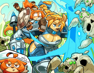 anthro armor blonde_hair blue_eyes bone breastplate breasts cleavage clothed clothing cross-popping_vein duo female fight fur hair pupils shield skull square_pupils tan_body tan_fur unusual_pupils ceehaz dog_knight_rpg jeane_(ceehaz) maci_(ceehaz) arachnid arthropod bird_dog canid canine canis domestic_dog golden_retriever hunting_dog mammal monster pomeranian retriever spider spitz 2021 absurd_res hi_res