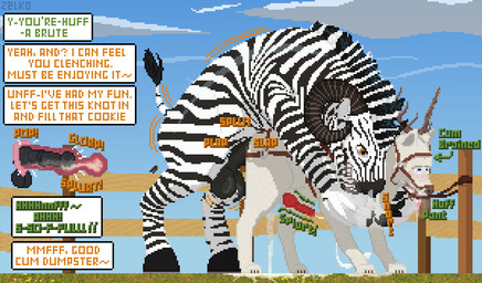 animal_genitalia animal_penis animal_vulva antlers ball_tuft balls bodily_fluids bound breath bridle canine_genitalia canine_penis canine_vulva claws cum cum_in_vagina cum_inside cum_on_ground dialogue drooling duo ejaculation emoticon equine_genitalia equine_penis feral feral_on_feral feral_penetrated feral_penetrating feral_penetrating_feral forced genital_fluids genitals half-closed_eyes hands-free herm herm/male herm_penetrated hooves horn humping hybrid_genitalia hybrid_penis in_heat intersex intersex/male intersex_penetrated knot knotted_equine_penis knotted_penis knotting leaking_cum male male_penetrating male_penetrating_herm male_penetrating_intersex narrowed_eyes onomatopoeia orgasm panting penetration penis questionable_consent raised_tail saddle saliva sex snort sound_effects speech_bubble steamy_breath striped_body stripes tail text tied_to_pole tied_to_post tuft vaginal vaginal_penetration vulva conditional_dnp zelkothezeeb ky-li zelko canid canine canis domestic_dog equid equine felkin hybrid mammal nordic_sled_dog samoyed spitz zebra digital_media_(artwork) english_text hi_res pixel_(artwork)