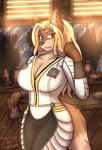 anthro bar_counter beer_bottle belly beverage big_breasts black_nose blonde_hair bottle bottle_cap breasts broken_glass brown_body brown_fur cleavage clothed clothing collarbone container counter curvy_figure dust ear_tuft female fur fur_markings glass gun hair huge_breasts inner_ear_fluff jumpsuit light long_hair markings nails nuka-cola ranged_weapon red_eyes relaxed_expression relaxing ribbed_clothing saloon smile soda soda_bottle solo tail tan_belly tuft vault_suit weapon trinitygodag fallout microsoft ida_(keesthewolf) canid canine canis mammal wolf absurd_res hi_res lighting shaded signature