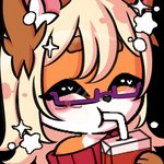 beverage blonde_hair clothing emote eyes_closed eyewear female fur glasses green_eyes hair juice red_body red_fur sweater topwear glowstone2001 stellaamoris stella_(stellaamoris) canid canine fox mammal red_fox true_fox 1:1