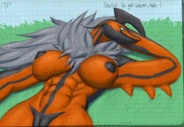 abs anthro areola big_breasts black_areola black_nipples breasts female female_anthro genitals grass hand_behind_head looking_at_viewer lying muscular muscular_female neck_tuft nipples notebook_paper_background nude on_back outside plant pokemorph solo talking_to_viewer tuft vulva testowepiwko nintendo pokemon generation_6_pokemon legendary_pokemon pokemon_(species) yveltal hi_res