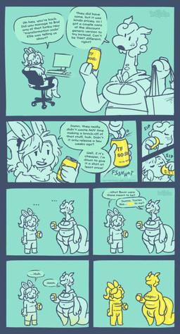 anthro barefoot beverage breasts bulge chair dialogue drinking duo feet furniture green_background gynomorph hair holding_beverage holding_object inanimate_transformation intersex navel null_bulge office_chair open_mouth overweight overweight_anthro ponytail simple_background sitting smile standing tail text text_on_body transformation yellow_body keffotin mythology no_name_(brand) bisou_(keffotin) soleil_(keffotin) dragon lagomorph leporid mammal mythological_creature mythological_scalie rabbit scalie slime_dragon 2024 comic digital_media_(artwork) english_text hi_res trans_(lore) trans_woman_(lore)