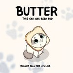 bread feral food fur looking_at_viewer male simple_background smile solo tail text white_background young kashicats butter_(kashicats) domestic_cat felid feline felis mammal digital_media_(artwork)
