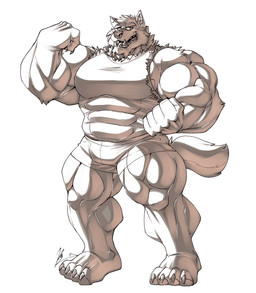 4_toes 5_fingers anthro big_muscles bottomwear claws clothing ear_piercing ear_ring facial_piercing feet fingers flexing huge_muscles humanoid_hands male muscular muscular_anthro muscular_male nose_piercing nose_ring piercing plantigrade ring_piercing shirt shorts solo standing tank_top toes topwear torn_clothing yongdasom sori_(ara_chibi) canid canine canis mammal wolf 2020 absurd_res greyscale hi_res monochrome