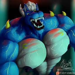 abs anthro big_muscles big_nipples big_pecs blue_body blue_fur colm_wolfe fur glowing_veins hair horn jumpscare laboratory male muscular muscular_anthro muscular_male nipples pecs spikes spikes_(anatomy) vein veiny_arms veiny_muscles tiotiored hybrid 1:1 portrait signature