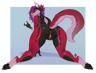 anthro anus butt claws condom ear_piercing female fur genitals hair humanoid_genitalia looking_at_viewer looking_back multicolored_body multicolored_fur nude pawpads paws piercing presenting presenting_anus purple_hair rear_view red_body red_fur sexual_barrier_device smile smiling_at_viewer solo toe_claws vulva wide_hips moirah dimond_(shar) canid canine canis mammal absurd_res hi_res