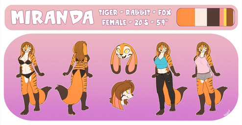 4_toes anthro barefoot biped black_bottomwear black_bra black_clothing black_panties black_pants black_underwear blue_clothing blue_crop_top blue_shirt blue_topwear bottomwear bra brown_hair brown_stripes clothed clothing color_swatch countershade_fur countershade_torso countershading crop_top dipstick_tail dolphin_shorts feet female floppy_ears front_view fully_clothed fur hair long_hair markings orange_body orange_fur panties pants pawpads pink_clothing pink_pawpads pink_shirt pink_tank_top pink_topwear rear_view shirt solo standing striped_body stripes tail tail_markings tank_top text toes topwear underwear white_body white_countershading white_fur yellow_eyes pupspace miranda_(faerie_alex) canid canine felid fox hybrid lagomorph leporid mammal pantherine rabbit tiger hi_res model_sheet watermark