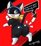 anthro black_body black_fur blue_eyes blush butt dialogue fangs fur kerchief male markings mask solo tail tail_markings teeth text white_body white_fur fluffydasher atlus megami_tensei megami_tensei_persona persona_(series) persona_5 sega morgana_(persona) domestic_cat felid feline felis mammal tuxedo_cat english_text hi_res