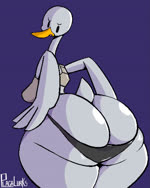 anthro beak big_butt black_eyes breasts butt chest_armor clothing female huge_butt huge_hips huge_thighs looking_back non-mammal_breasts open_beak open_mouth solo struggling_to_fit thick_thighs thong underwear white_body wide_hips plaga feathers_(plaga) anatid anseriform avian bird duck 2023 animated hi_res loop no_sound short_playtime webm