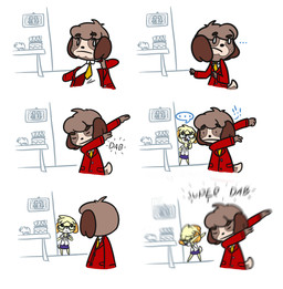 4_fingers alternate_ending anthro arms_bent black_eyes black_nose blonde_hair blue_bottomwear blue_clothing blue_skirt bottomwear brown_eyebrows button_(fastener) clothed clothed_anthro clothed_female clothed_male clothing dabbing dipstick_tail duo ellipsis exclamation_point eyebrows eyes_closed eyewear featureless_legs female fingers floppy_ears freckled_face freckles frowning_at_another fully_clothed fully_clothed_anthro fully_clothed_female furniture glasses hair inside looking_at_another lop_ears male markings mouth_closed necktie orange_ears orange_hair piggy_bank plant plant_pot pockets pose potted_plant pupils rectangular_glasses red_clothing red_suit short_hair skirt speech_bubble standing straight_arms suit surprised table tail tail_markings text thinking two_tone_tail wall_(structure) white_dress_shirt white_pupils white_tail_tip yellow_necktie yellow_tail cookieboy011 animal_crossing nintendo digby_(animal_crossing) isabelle_(animal_crossing) canid canine canis domestic_dog mammal shih_tzu toy_dog 2018 colored comic digital_drawing_(artwork) digital_media_(artwork) english_description english_text meme multiple_scenes shaded simple_shading brother_(lore) brother_and_sister_(lore) sibling_(lore) sister_(lore) twins_(lore)
