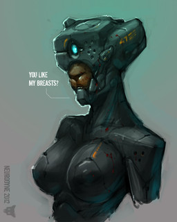 anthro assassin big_breasts blood blood_splatter bodily_fluids breasts creepy cybernetics dialogue female future glowing gore machine scary science_fiction simple_background solo text neurodyne cyborg felid mammal 2012 4:5 english_text