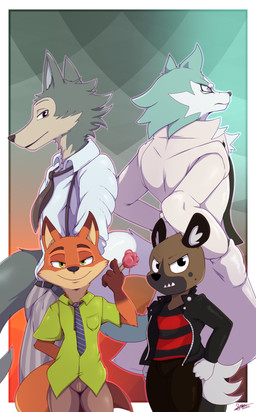 anthro clothed clothing fur grey_body grey_fur group male bigdon1992 aggretsuko beastars brand_new_animal disney sanrio studio_trigger zootopia haida_(aggretsuko) legoshi_(beastars) nick_wilde shirou_ogami canid canine canis fox hyena mammal red_fox spotted_hyena true_fox wolf 2020 crossover digital_media_(artwork) hi_res
