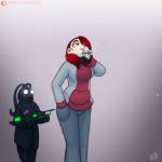 anthro beak cigarette clothed clothing duo female green_eyes hair mutagen red_hair simple_background smoking snow drxii frosti_loxxxe katherine_(drxii) avian bird human mammal penguin 1:1 2018 digital_media_(artwork) hi_res