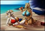 accessory anthro beach big_breasts bikini black_border blonde_hair blue_eyes border braided_hair breasts brown_body brown_fur brown_hair bucket cleavage clothed clothing container cooler day detailed_background duo female fur hair hair_accessory holding_object horn huge_breasts kneeling lips multicolored_hair open_mouth outside pigtails reclining sand sea seaside shovel sky smile swimwear teeth tools twin_braids two-piece_swimsuit two_tone_hair umbrella water white_hair purplepardus blizzard_entertainment warcraft elaine_(furryjibe) milkymaiden bovid bovine equid equine horse mammal tauren 2014 digital_media_(artwork) watermark