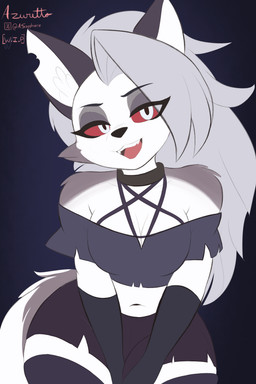 anthro armwear bare_shoulders big_breasts black_nose bottomwear breasts cheek_tuft choker cleavage clothed clothing elbow_gloves eyebrow_through_hair eyebrows eyelashes facial_tuft female female_anthro fully_clothed fur gloves gradient_background grey_body grey_fur grey_hair hair half-closed_eyes handwear jewelry legwear long_hair looking_at_viewer midriff multicolored_body multicolored_fur narrowed_eyes navel necklace notched_ear open_mouth open_smile red_sclera shirt shorts simple_background smile solo tank_top teeth text thigh_highs tongue topwear torn_clothing translucent translucent_hair tuft two_tone_body two_tone_fur white_body white_eyes white_fur wide_hips azuretto hellaverse helluva_boss mythology loona_(helluva_boss) canid canid_demon canine demon hellhound mammal mythological_canine mythological_creature 2024 2:3 absurd_res artist_name hi_res