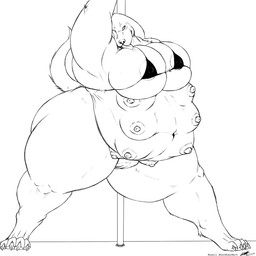 anthro big_breasts breasts dancing female genitals huge_breasts multi_breast nipples obese obese_anthro obese_female overweight overweight_anthro overweight_female pole pole_dancing solo thick_thighs tongue tongue_out vulva wide_hips riis canid canine canis domestic_dog mammal 1:1 hi_res monochrome