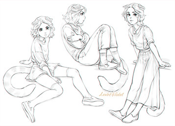 arms_around_torso bottomwear breasts clothed clothing female footwear fur hair leaning_on_object legwear looking_at_viewer looking_forward messy_hair shoes short_hair side_view simple_background sitting skirt small_breasts smile solo standing tail text thigh_highs three-quarter_view levelviolet animal_humanoid cat_humanoid felid felid_humanoid feline feline_humanoid humanoid mammal mammal_humanoid artist_name digital_media_(artwork) english_text greyscale monochrome multiple_images sketch