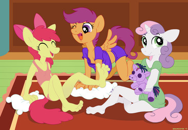 2011 anthro anthrofied apple_bloom_(mlp) brainsister breasts cub cutie_mark_crusaders_(mlp) edit equine female friendship_is_magic green_eyes green_floor green_pajamas hair headset horn horse humanized_feet humanized_hands long_hair multi-colored_hair my_little_pony open_mouth orange_body pegasus pink_pajamas plushie pony purple_eyes purple_hair purple_pajamas red_hair red_rug scootaloo_(mlp) smile sweetie_belle_(mlp) tongue twilight_sparkle_(mlp) unicorn white_body wings wood yellow_body young
Rating: Questionable
Score: 2
User: Metal-X
Date: November 15, 2011