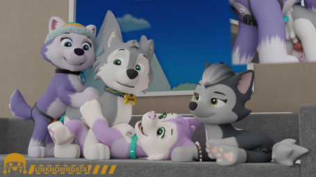 female feral furniture group male male/female sex sofa trio young young_feral unknowndata paw_patrol ahsoka_(littlebolty) everest_(paw_patrol) gasket_(paw_patrol) slush_(littlebolty) canid canine canis domestic_dog husky mammal nordic_sled_dog spitz 16:9 3d_(artwork) digital_media_(artwork) hi_res widescreen