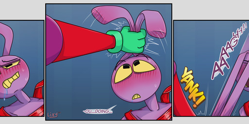 3_panel_comic ambiguous_gender anthro bdsm blush blush_lines bodily_fluids bondage bound bullying dialogue drooling ear_grab ear_pull eyes_closed female fur grabbing_both_ears group looking_pleasured male male/female moan motion_lines onomatopoeia open_mouth pain pained_expression purple_body purple_fur ribbon_bondage ribbons ribbons_(anatomy) saliva sharp_teeth sound_effects speech_bubble submissive submissive_anthro submissive_male sweat teeth text trio yellow_teeth lixy_art glitch_productions the_amazing_digital_circus gangle_(tadc) jax_(tadc) zooble_(tadc) animal_humanoid animate_inanimate humanoid lagomorph lagomorph_humanoid living_toy mammal mammal_humanoid absurd_res comic hi_res