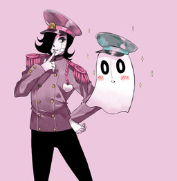 ambiguous_gender black_hair blush clothed clothing drag_(fashion) drag_king duo eyelashes femboy glistening hair hair_over_eye hat headgear headwear heart_symbol machine male not_furry one_eye_obstructed pink_background simple_background smile sparkles uniform solstice-rose undertale undertale_(series) mettaton mettaton_ex napstablook ghost humanoid robot spirit 2015 hi_res