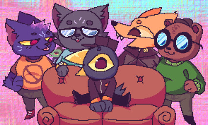 :3 age_difference anthro beak blue_clothing brown_body brown_fur clock clothing dyed_fur eyewear fangs female footwear fur furniture glasses green_body green_clothing grey_body grey_fur group hat headgear headwear jacket male notched_ear orange_body orange_clothing orange_fur overweight red_eyes shoes sofa sweater teeth tongue tongue_out topwear watch salamikii night_in_the_woods piper_perri_surrounded angus_delaney background_character bea_santello germ_warfare_(nitw) gregg_lee mae_borowski stan_borowski avian bear bird canid canine crocodile crocodilian domestic_cat felid feline felis fox mammal reptile scalie hi_res meme