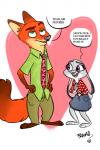 anthro clothing female fur green_eyes male purple_eyes simple_background text frava8 disney zootopia judy_hopps nick_wilde canid canine fox lagomorph leporid mammal rabbit red_fox true_fox 2018 comic english_text