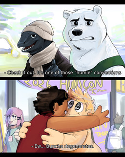 anthro black_body black_scales clothed clothing coat convention costume dialogue female fur furry_wearing_fursuit fursuit gesture grimace group hand_gesture hug human_suit humor male pointing reverse_furry scales scarf skinsuit text tight_clothing topwear white_body white_fur wonder3mporium bear canid canine canis komodo_dragon lizard mammal monitor_lizard polar_bear reptile scalie ursine wolf 2026 absurd_res comic english_text hi_res