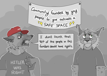 annoyed anthro brown_eyes clothing condescending dialogue duo eye_roll green_eyes grey_background hat headgear headwear humor maga_hat male open_mouth paws political_cartoon politics red_clothing red_hat red_headwear shirt simple_background speech_bubble t-shirt teeth teeth_showing text the_truth topwear wearing_hat whiskers lambcorpses canid canine canis caracal caracal_(genus) felid feline mammal wolf 2025 digital_drawing_(artwork) digital_media_(artwork) english_text hi_res