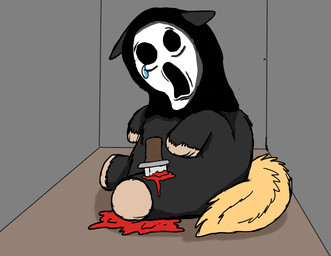 ambiguous_feral ambiguous_gender blood blood_from_wound bodily_fluids cosplay crying feral fur gore grey_body grey_fur hooves impalement knife mask pain simple_background sitting solo stab tail tears wounded yellow_tail carniviousduck fluffy_pony scream_(films) ghostface_(scream) fluffy_pony_(species) mammal 2026 digital_media_(artwork) english_description shaded