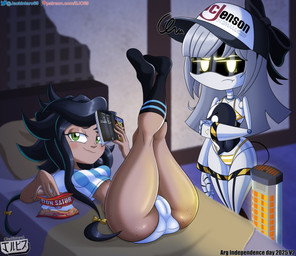accessory bikini black_hair breasts butt camel_toe clothed clothing duo female fingers freckles green_eyes grey_hair hair hat hazard_stripes headgear headwear looking_at_viewer machine not_furry panties ribbons screen screen_face smile soccer_uniform sportswear swimwear tail two-piece_swimsuit underwear uniform white_body yellow_eyes jackintaro crackers_in_bed_pose glitch_productions independence_day_(argentina) murder_drones j_(murder_drones) tessa_elliott disassembly_drone human humanoid mammal robot robot_humanoid tailed_humanoid absurd_res digital_media_(artwork) hi_res