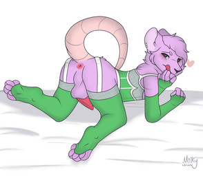 all_fours animal_genitalia animal_penis anthro anus arm_warmers armwear balls blue_eyes bodily_fluids clothing fur genital_fluids genitals green_clothing hair heart_symbol legwear licking licking_lips lingerie male penis pink_body pink_fur pink_hair solo stockings tail tongue tongue_out jblcast alex_ariel mammal mouse murid murine rodent hi_res